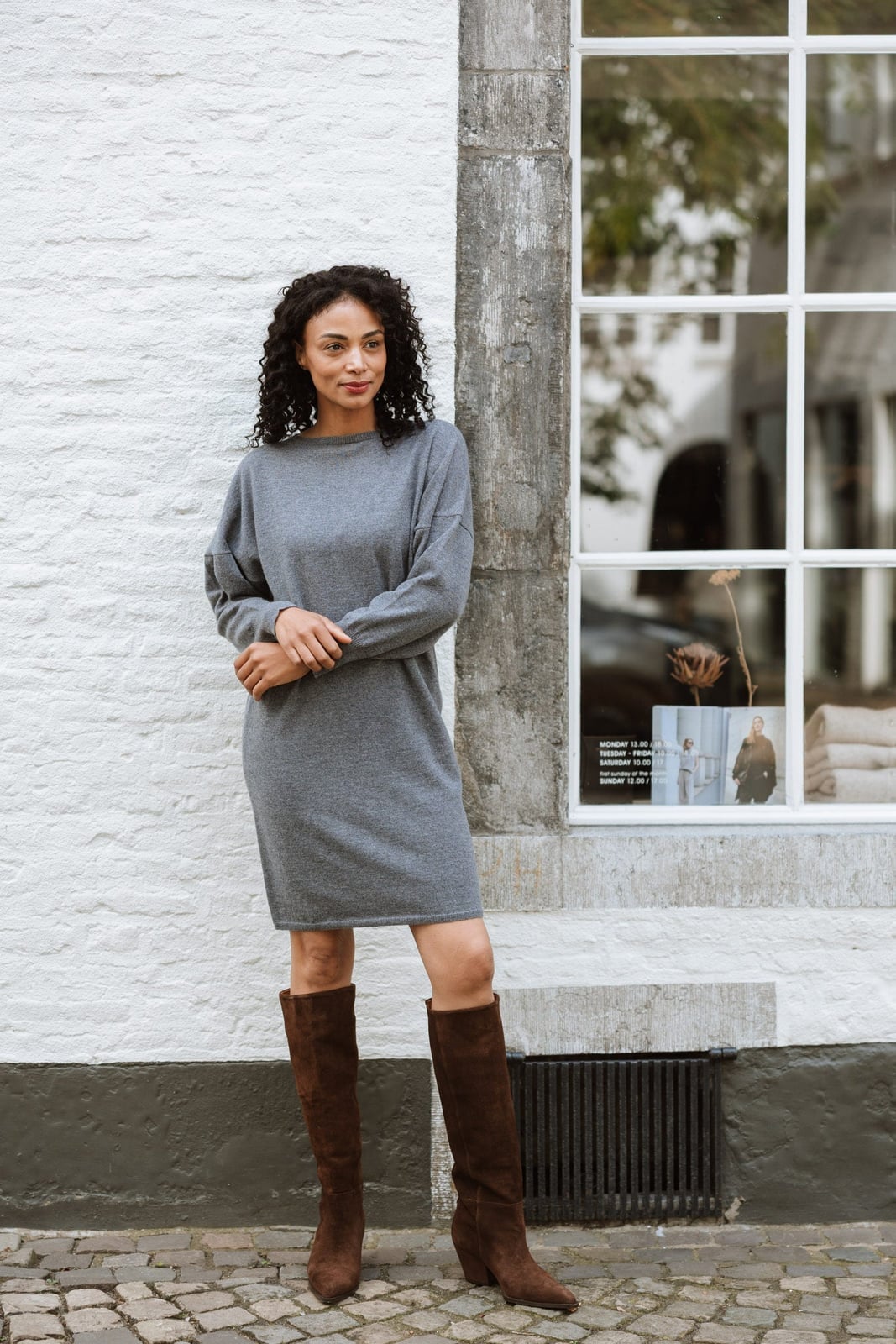 Relaxed Fit Grey Knit Dress with Knee-High Boots Relaxed Fit Grey Knit Dress with Knee-High Boots — Classy Gray Dress