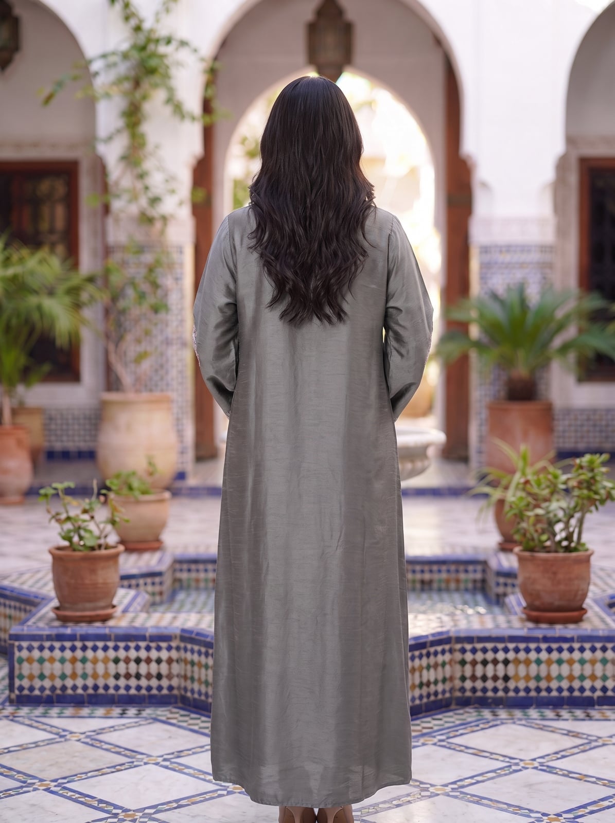 Grey Kaftan Maxi Dress with Geometric Embroidery Grey Kaftan Maxi Dress with Geometric Embroidery — Classy Gray Dress
