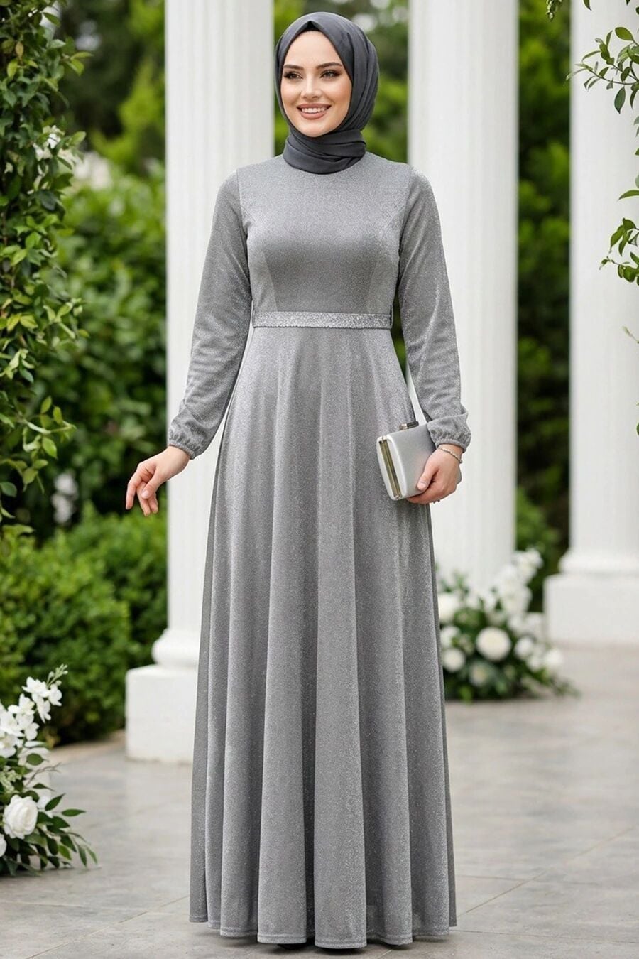 Grey Shimmering A-Line Dress with Belt Detail Grey Shimmering A-Line Dress with Belt Detail — Classy Gray Dress