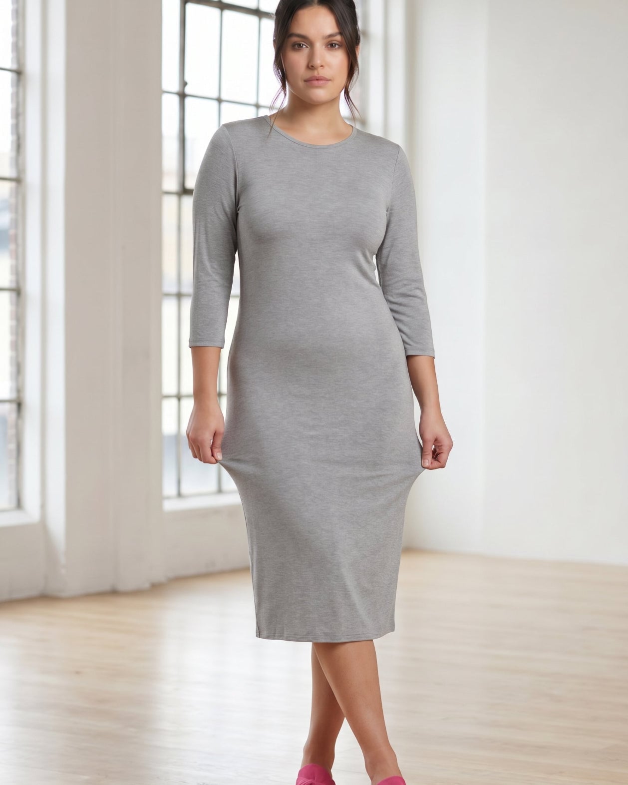 Light Grey Bodycon Midi Dress with Three-Quarter Sleeves Light Grey Bodycon Midi Dress with Three-Quarter Sleeves — Classy Gray Dress