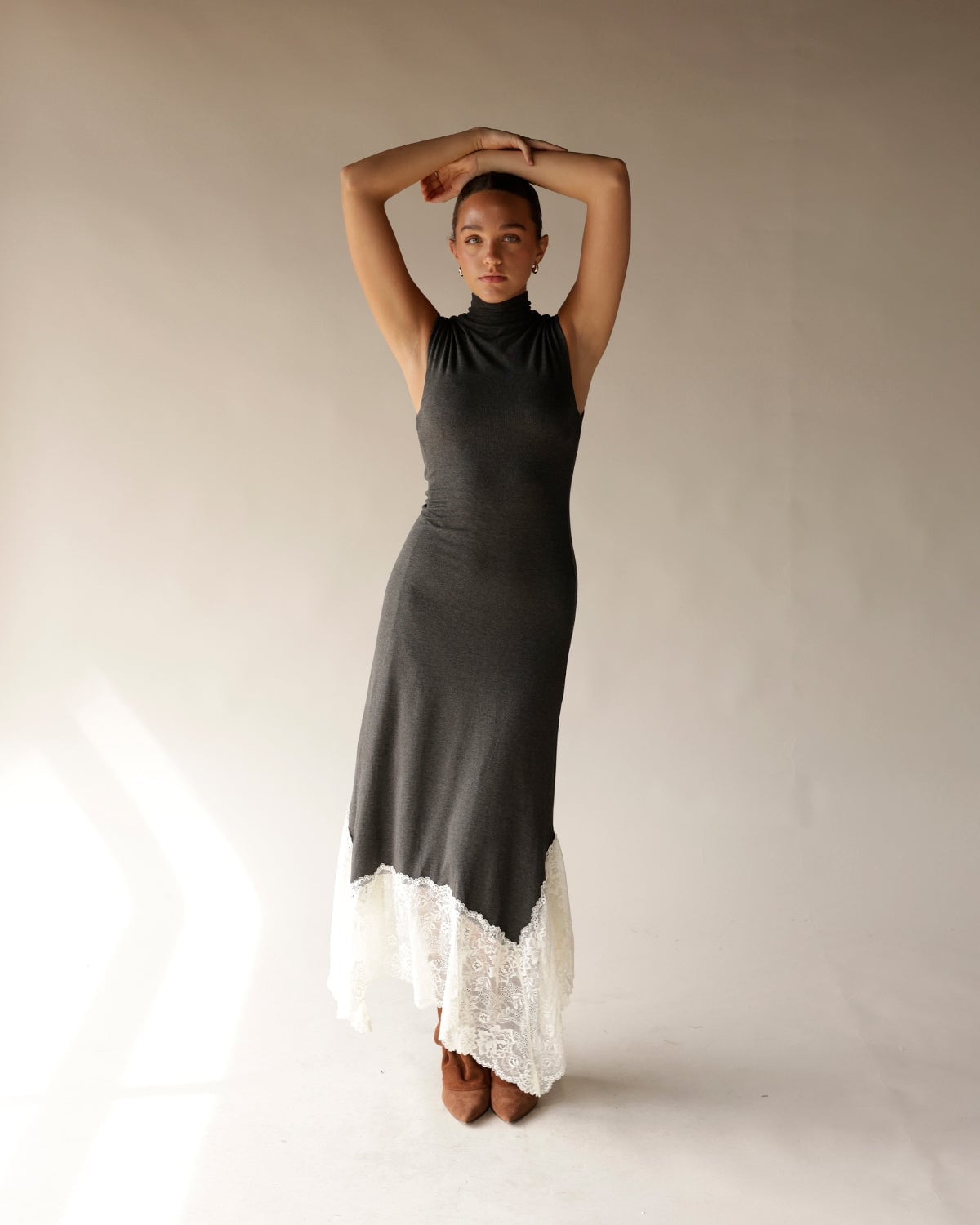 Grey Jersey Maxi Dress with White Lace Hem Grey Jersey Maxi Dress with White Lace Hem — Classy Gray Dress