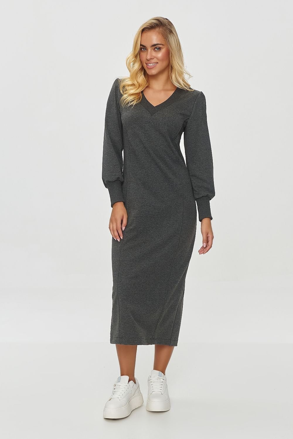 Dark Grey Ribbed Knit Midi Dress with Sneakers Dark Grey Ribbed Knit Midi Dress with Sneakers — Classy Gray Dress
