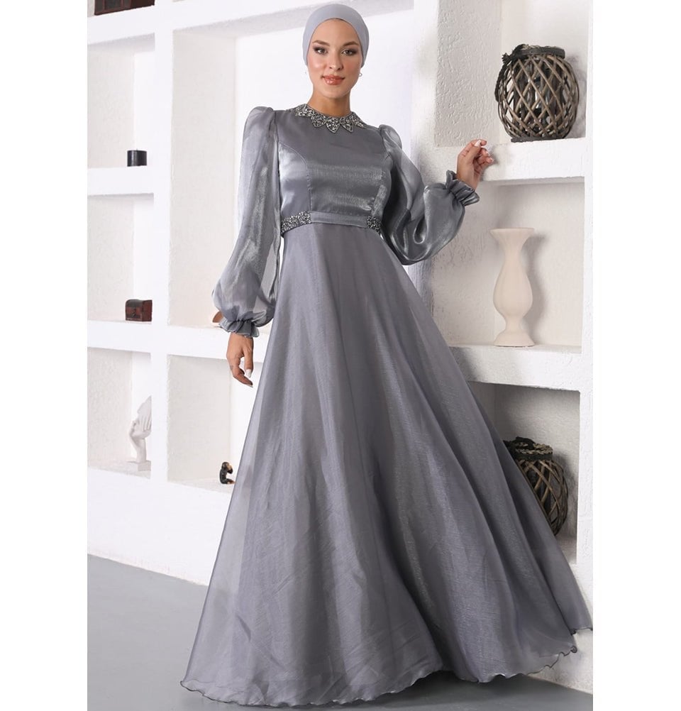 Grey Satin and Organza A-Line Dress with Beaded Neckline Grey Satin and Organza A-Line Dress with Beaded Neckline — Classy Gray Dress