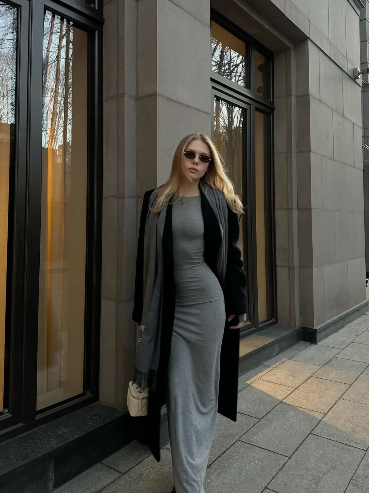 Grey Bodycon Maxi Dress with Long Scarf Grey Bodycon Maxi Dress with Long Scarf — Classy Gray Dress