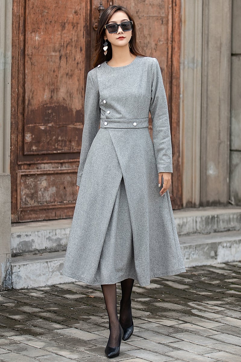 Grey Wool Midi Dress with Asymmetrical Button Detail Grey Wool Midi Dress with Asymmetrical Button Detail — Classy Gray Dress