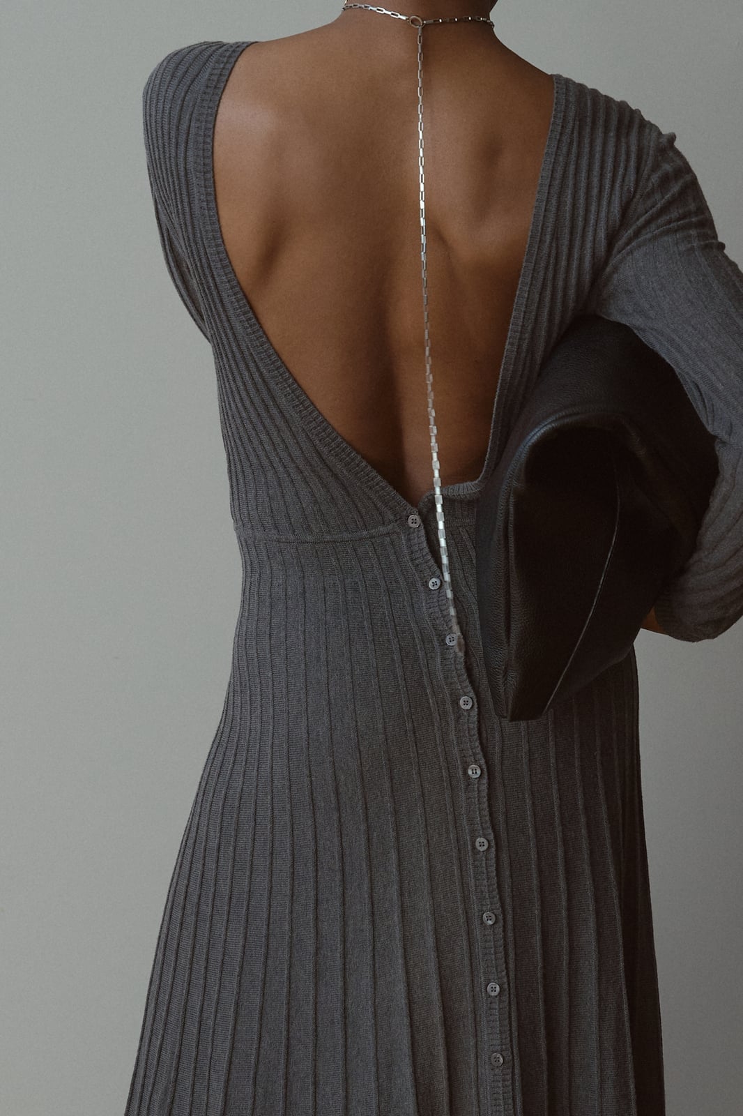 Grey Ribbed Knit Maxi Dress with Open Back Grey Ribbed Knit Maxi Dress with Open Back — Classy Gray Dress