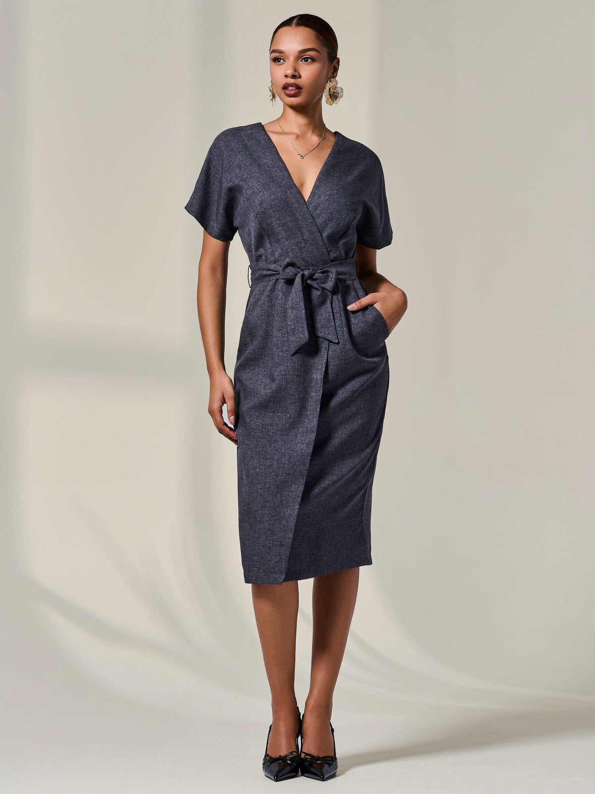 Dark Grey Wrap Dress with Tie Waist Dark Grey Wrap Dress with Tie Waist — Classy Gray Dress