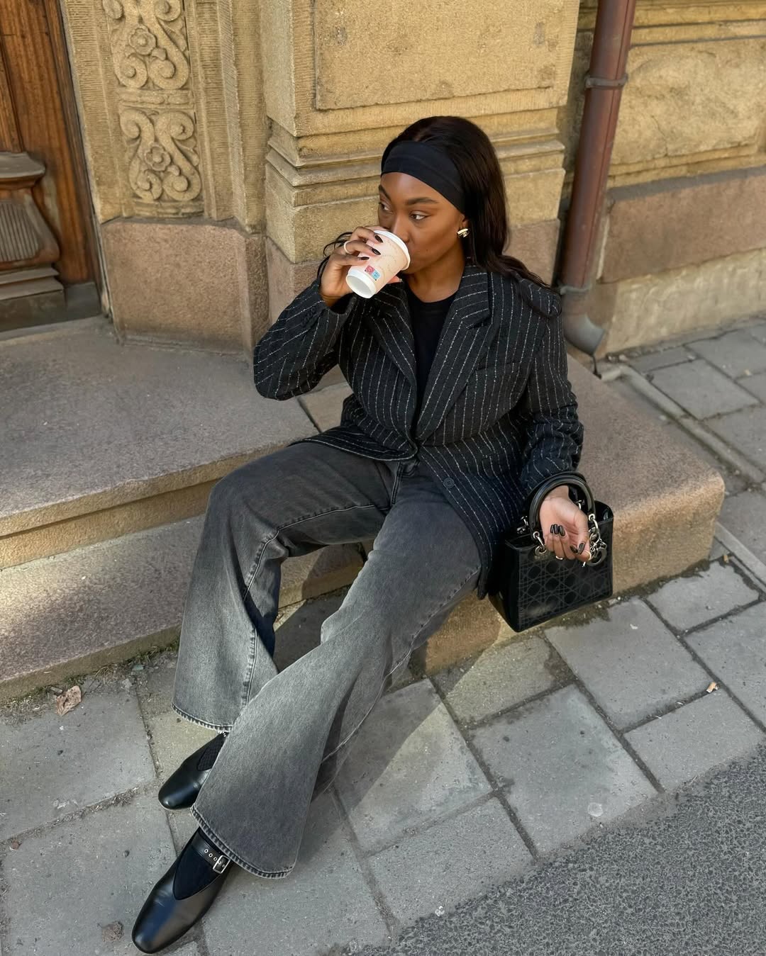 Pinstripe Blazer Adds Polish to Flared Jeans — Classy Gray Jeans Outfits