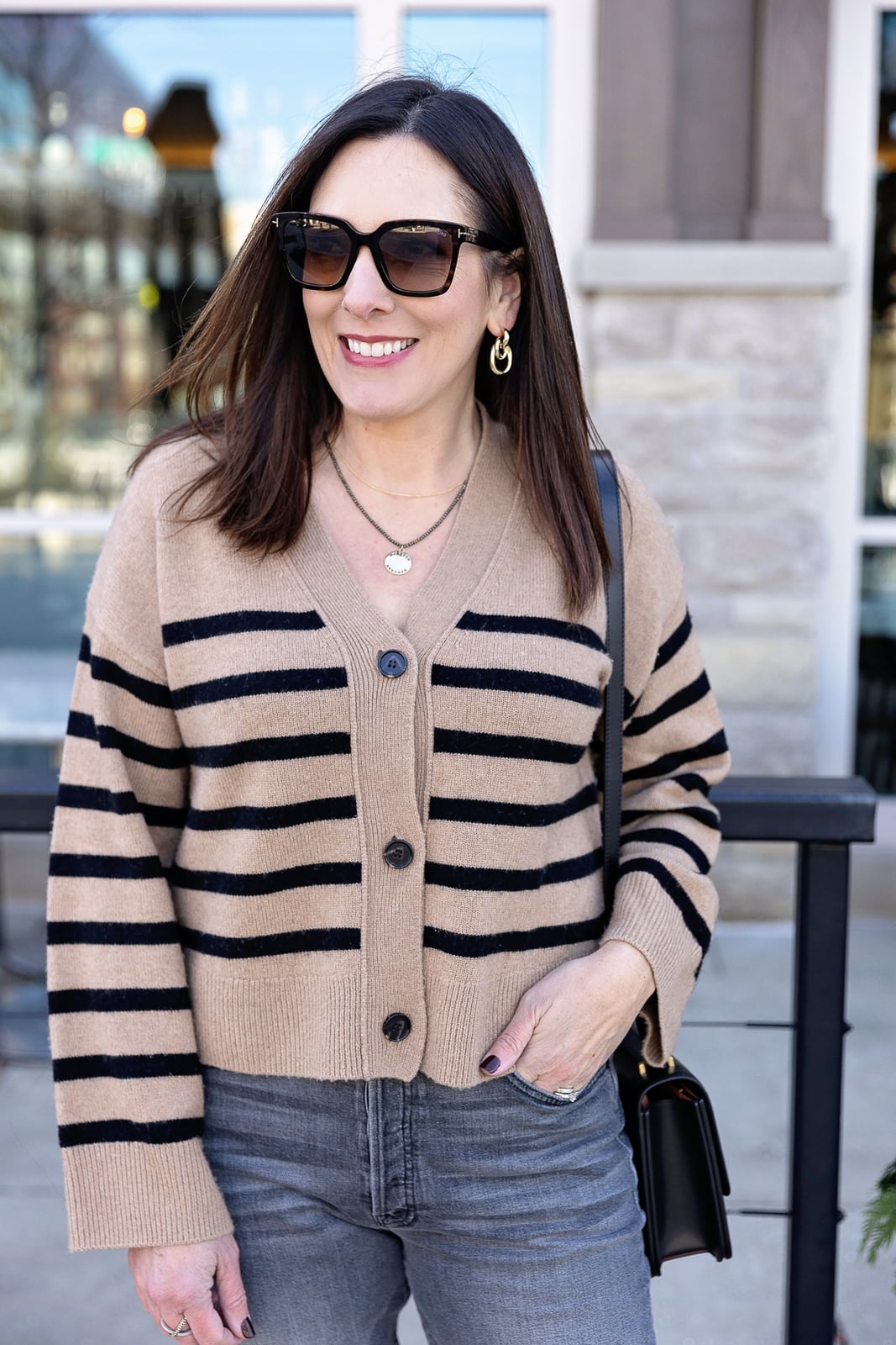 Striped Cardigan Layers Over Grey Jeans — Classy Gray Jeans Outfits