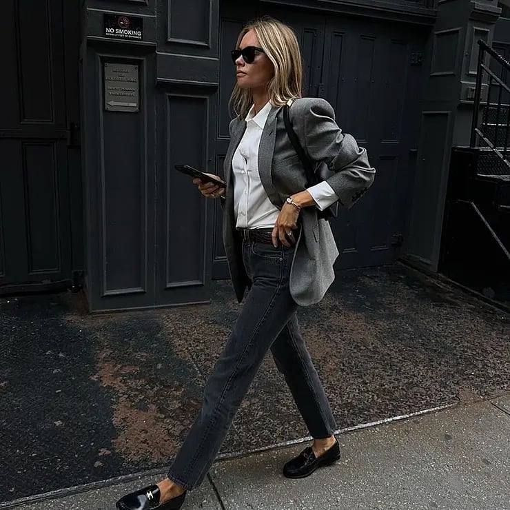 Sharp Grey Blazer Elevates Straight Leg Jeans — Classy Gray Jeans Outfits