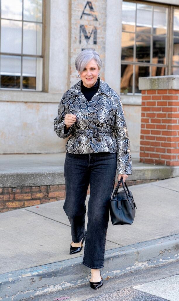 Snake Print Jacket Elevates Black Jeans — Classy Gray Jeans Outfits