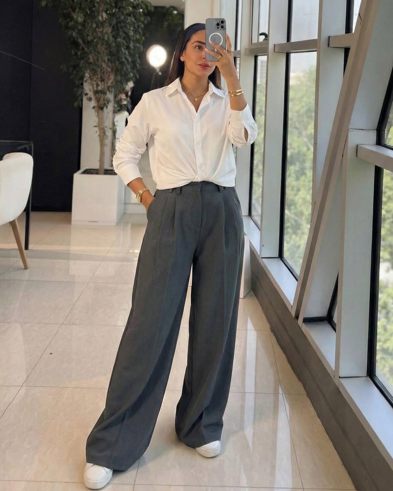 Ultra Wide Leg Grey Trousers with White Button Down Ultra Wide Leg Grey Trousers with White Button Down — Classy Gray Pants Outfits