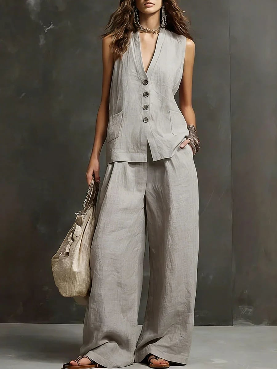Light Grey Linen Vest and Wide Leg Trousers With Flat Sandals Light Grey Linen Vest and Wide Leg Trousers With Flat Sandals — Classy Gray Pants Outfits