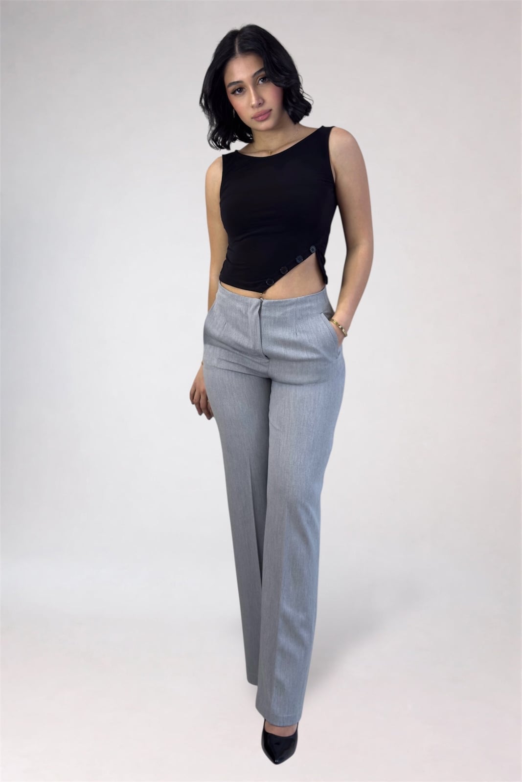 Grey Wide Leg Trousers with Asymmetrical Top Grey Wide Leg Trousers with Asymmetrical Top — Classy Gray Pants Outfits