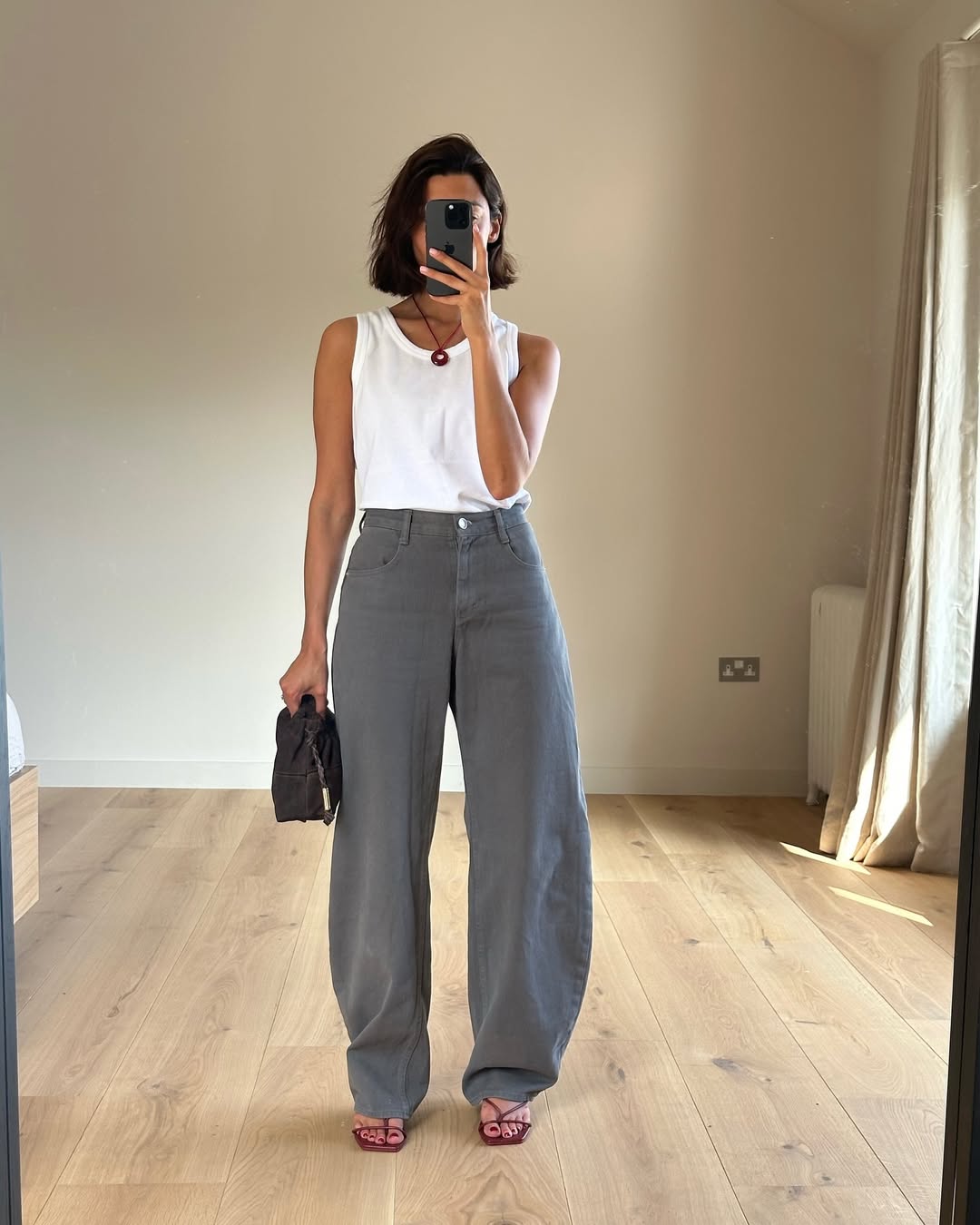 Oversized Grey Denim Trousers with White Top Oversized Grey Denim Trousers with White Top — Classy Gray Pants Outfits
