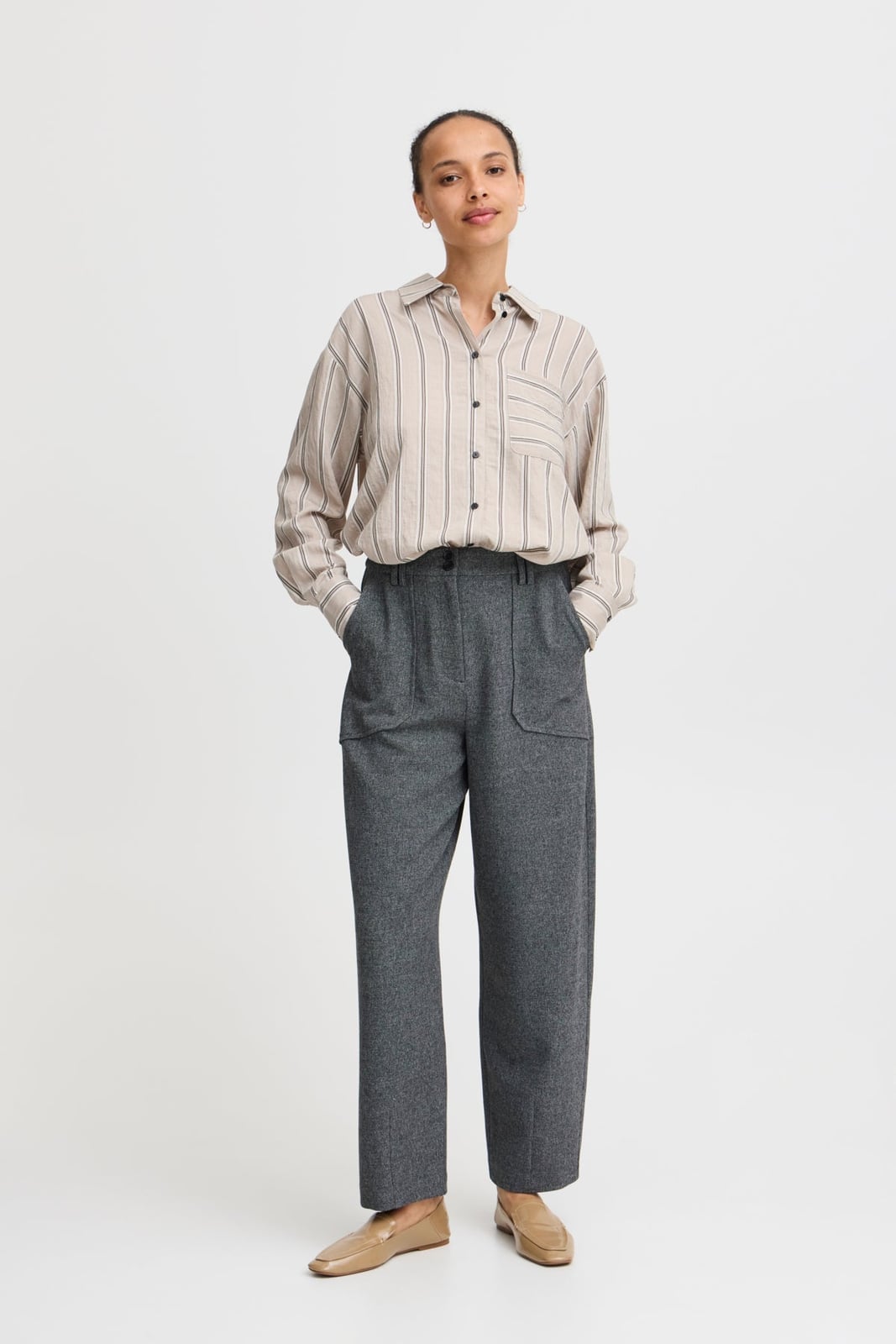 Grey Wide Leg Trousers with Striped Button Down Shirt, Beige Grey Wide Leg Trousers with Striped Button Down Shirt, Beige — Classy Gray Pants Outfits