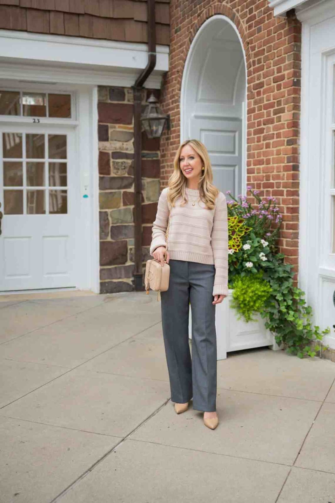 Wide Leg Grey Trousers with Striped Knit Sweater Wide Leg Grey Trousers with Striped Knit Sweater — Classy Gray Pants Outfits