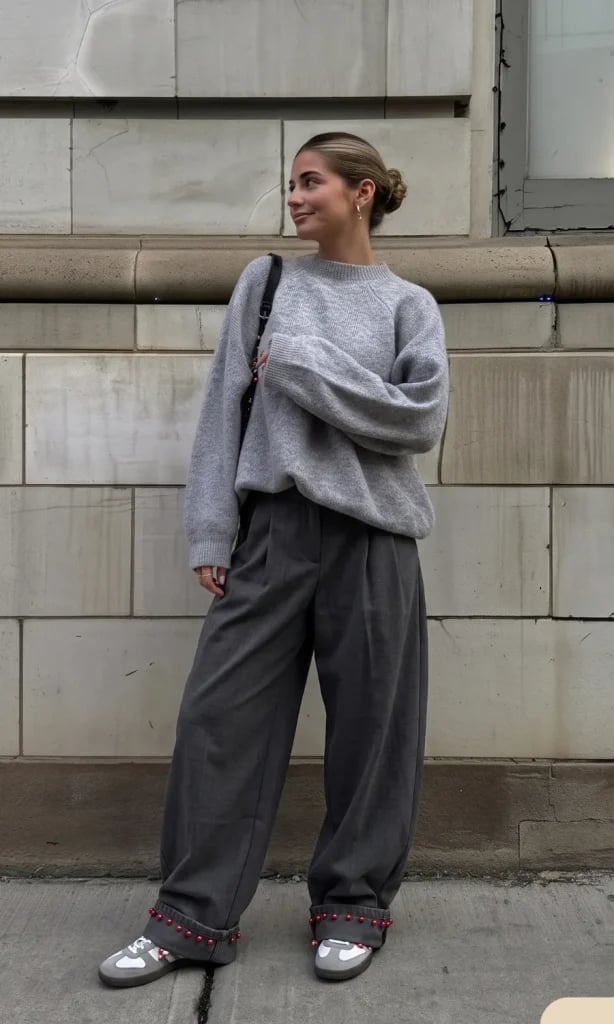 Oversized Grey Wide Leg Trousers and Crewneck Sweater With Wool Blend Oversized Grey Wide Leg Trousers and Crewneck Sweater With Wool Blend — Classy Gray Pants Outfits