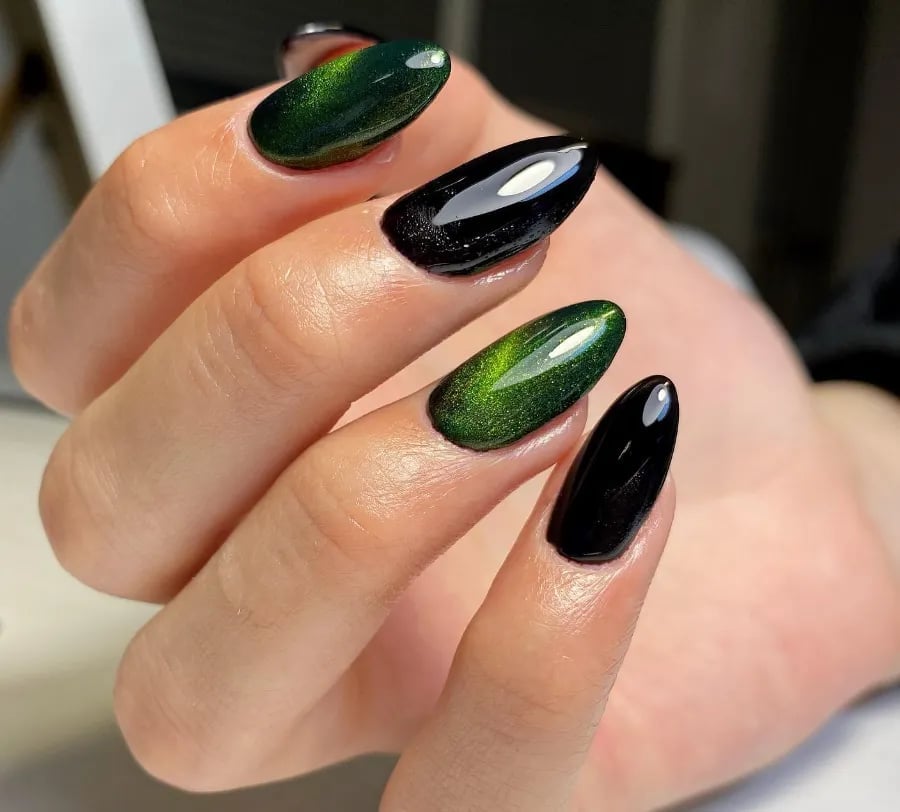 Medium Almond Green Cat Eye and Black Contrast — Classy Green Cat Eye Nails