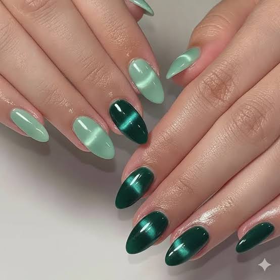 Medium Almond Dual Green Cat Eye Nails — Classy Green Cat Eye Nails