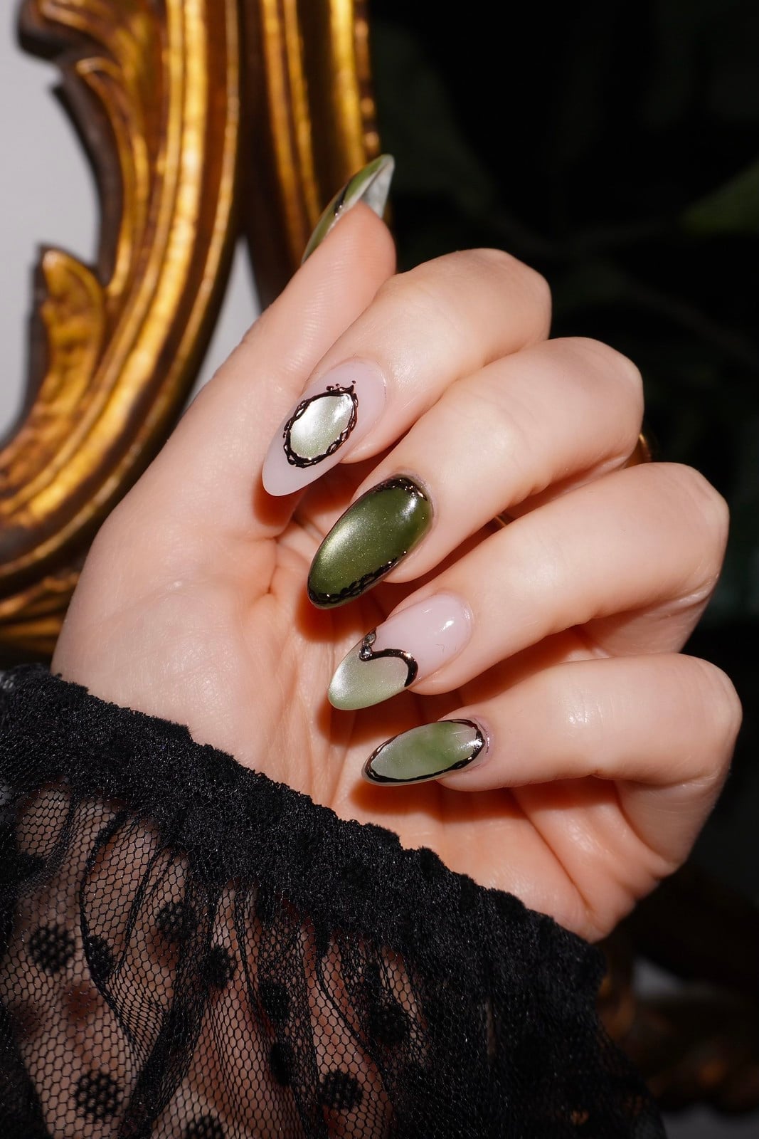 Medium Almond Olive Green Satin Cat Eye — Classy Green Cat Eye Nails