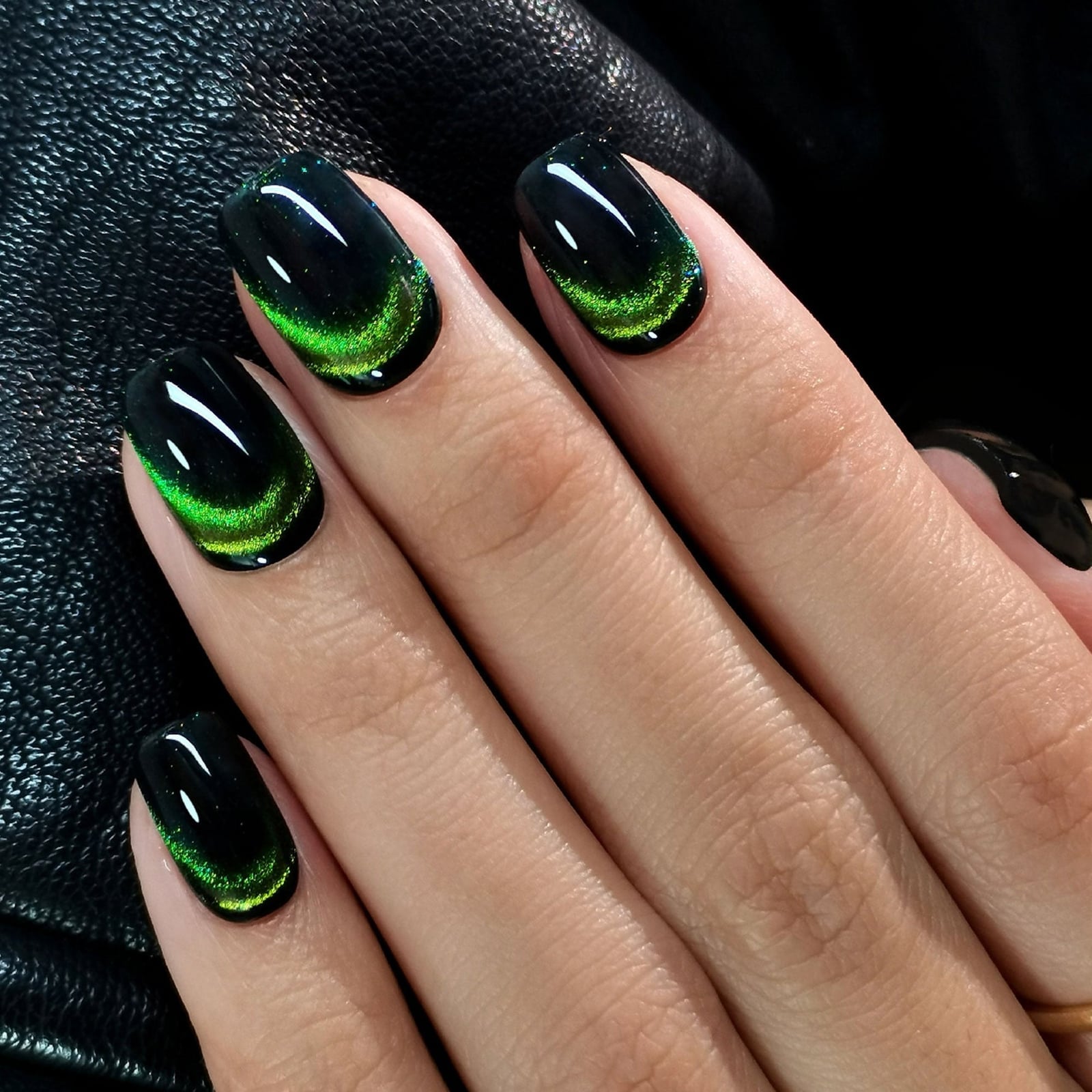 Short Oval Green Cat Eye with Black Base — Classy Green Cat Eye Nails