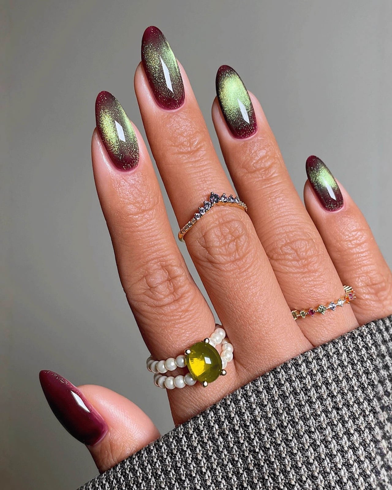 Medium Almond Burgundy with Green Cat Eye — Classy Green Cat Eye Nails