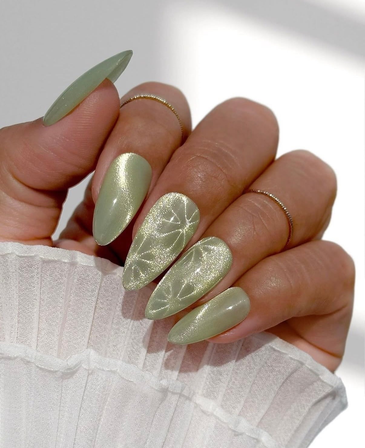 Long Almond Sage Green Cat Eye with Gold Lines — Classy Green Cat Eye Nails
