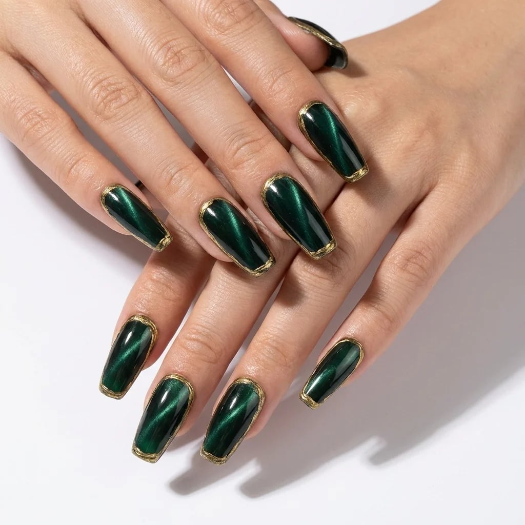Long Coffin Emerald Green Cat Eye with Gold Border — Classy Green Cat Eye Nails