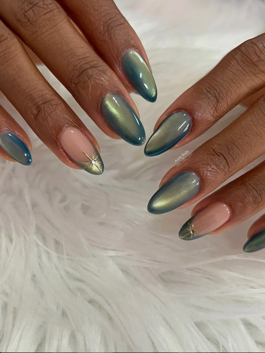 Medium Almond French Tip Cat Eye with Starburst — Classy Green Cat Eye Nails
