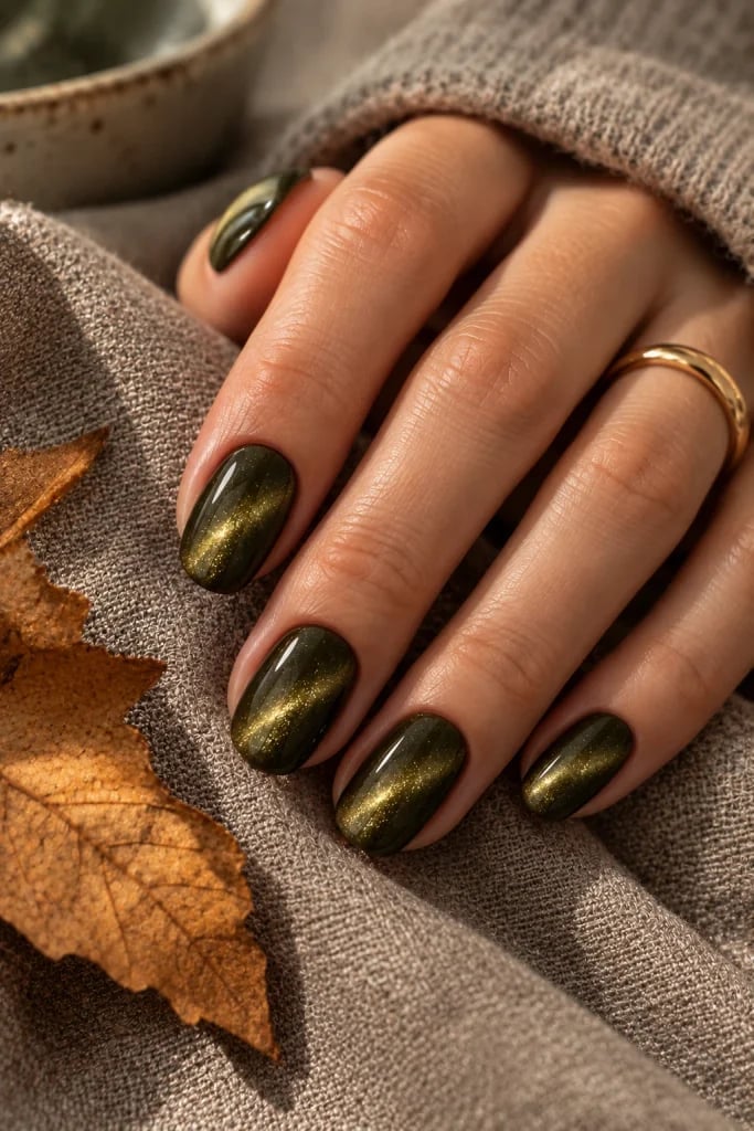 Dark Green Gold Shimmer Cat Eye Oval Nails — Classy Green Cat Eye Nails