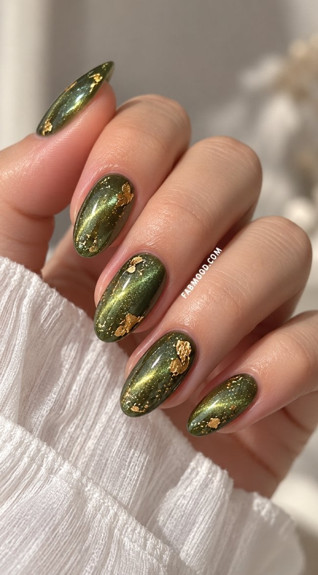 Olive Green Cat Eye with Gold Foil Accents — Classy Green Cat Eye Nails