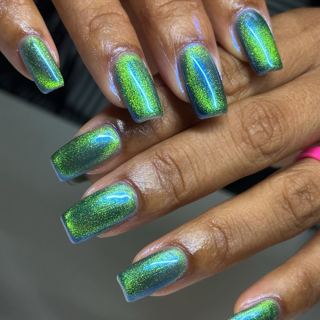 Vibrant Green Cat Eye with Blue Undertones — Classy Green Cat Eye Nails