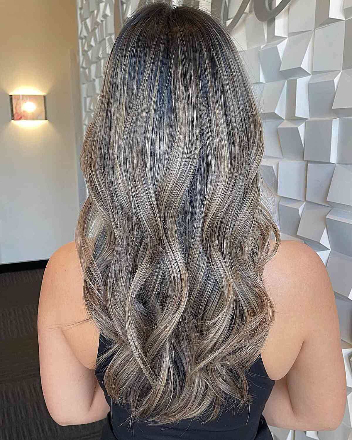 Mid-Back Dark Brown With Blended Grey and Ash Blonde, Close-Up Take Mid-Back Dark Brown With Blended Grey and Ash Blonde, Close-Up Take — Classy Grey Blending Highlights