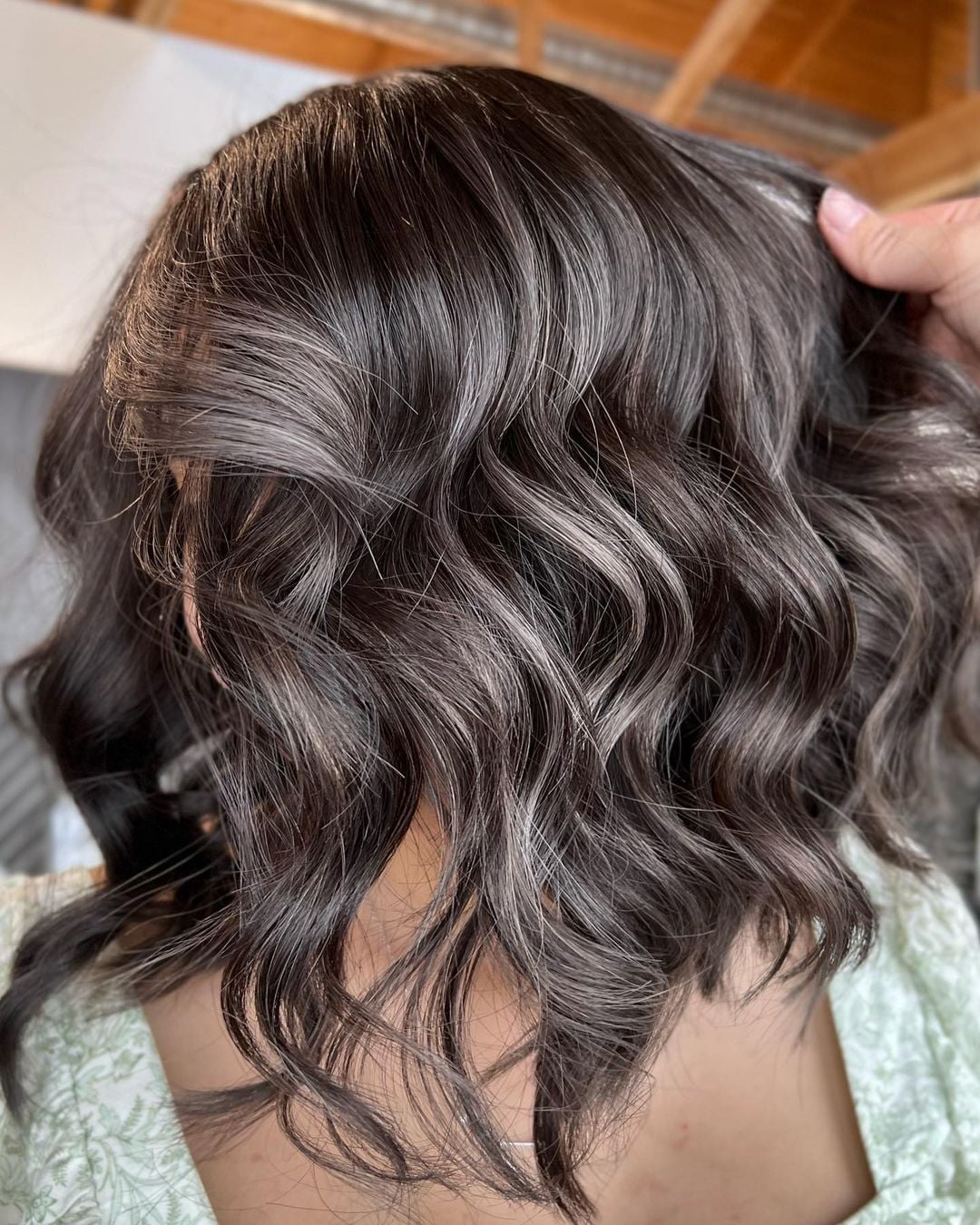 Mid-Back Ash Grey With Silver Highlights and Curtain Bangs Mid-Back Ash Grey With Silver Highlights and Curtain Bangs — Classy Grey Blending Highlights