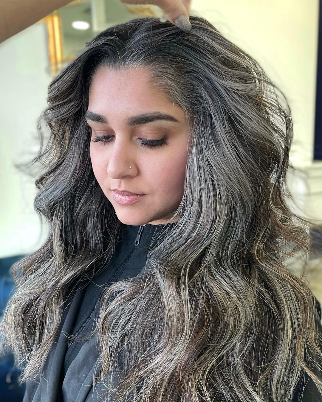 Mid-Back Ash Grey With Silver Highlights and Curtain, Close-Up Take Mid-Back Ash Grey With Silver Highlights and Curtain, Close-Up Take — Classy Grey Blending Highlights