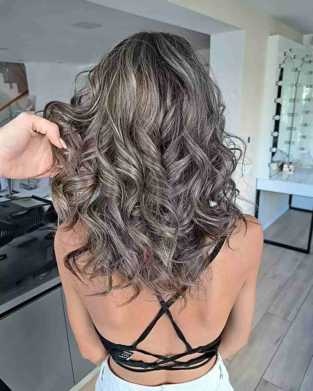 Shoulder Length Dark Base With Grey and Silver, Close-Up Take Shoulder Length Dark Base With Grey and Silver, Close-Up Take — Classy Grey Blending Highlights