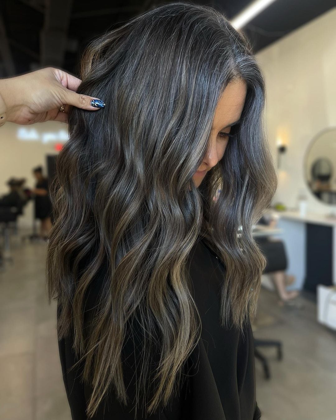 Mid-Back Dark Brown With Ash Grey Highlights, Office-Safe Version Mid-Back Dark Brown With Ash Grey Highlights, Office-Safe Version — Classy Grey Blending Highlights