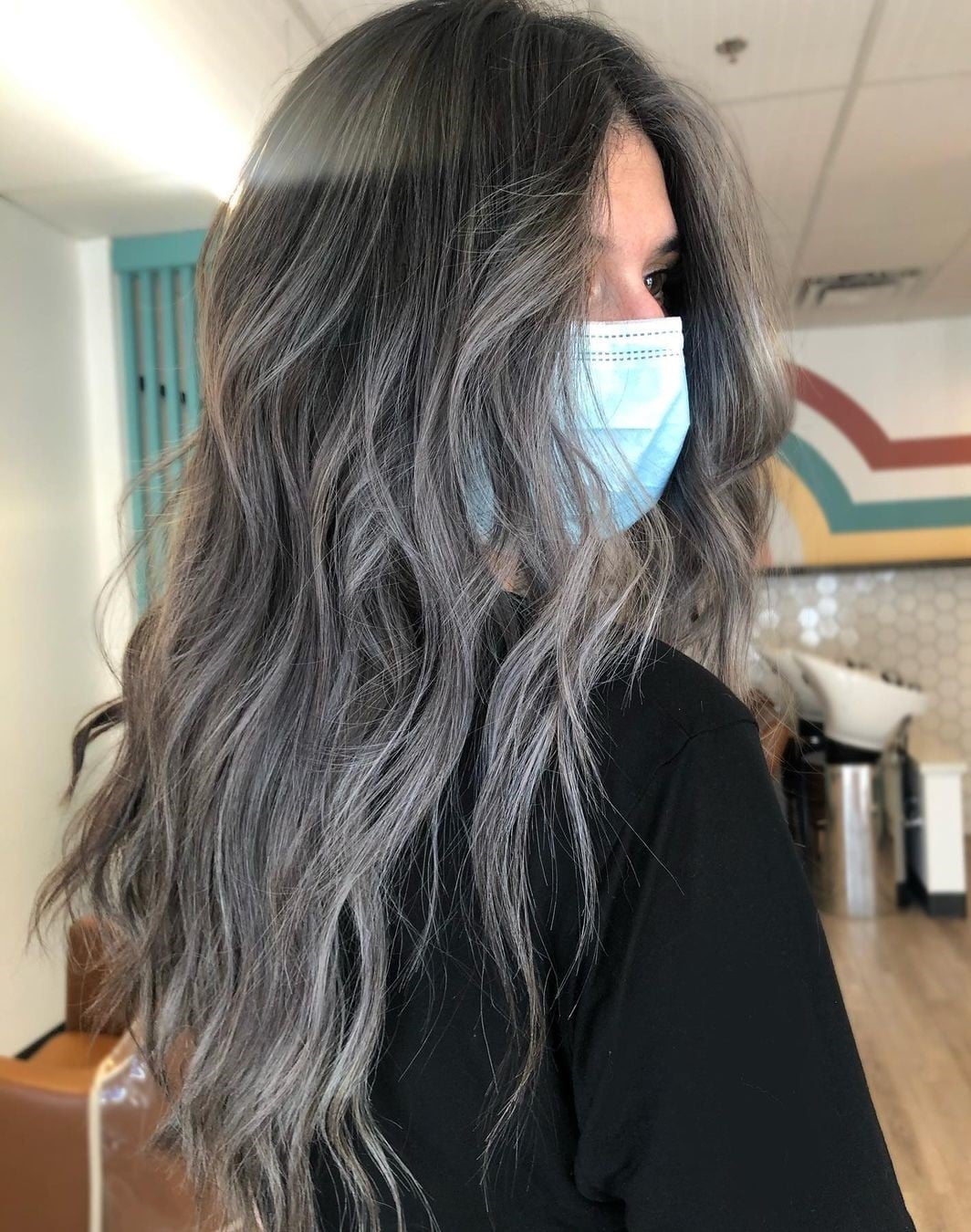 Mid-Back Ash Grey With Silver Highlights, Statement Version Mid-Back Ash Grey With Silver Highlights, Statement Version — Classy Grey Blending Highlights