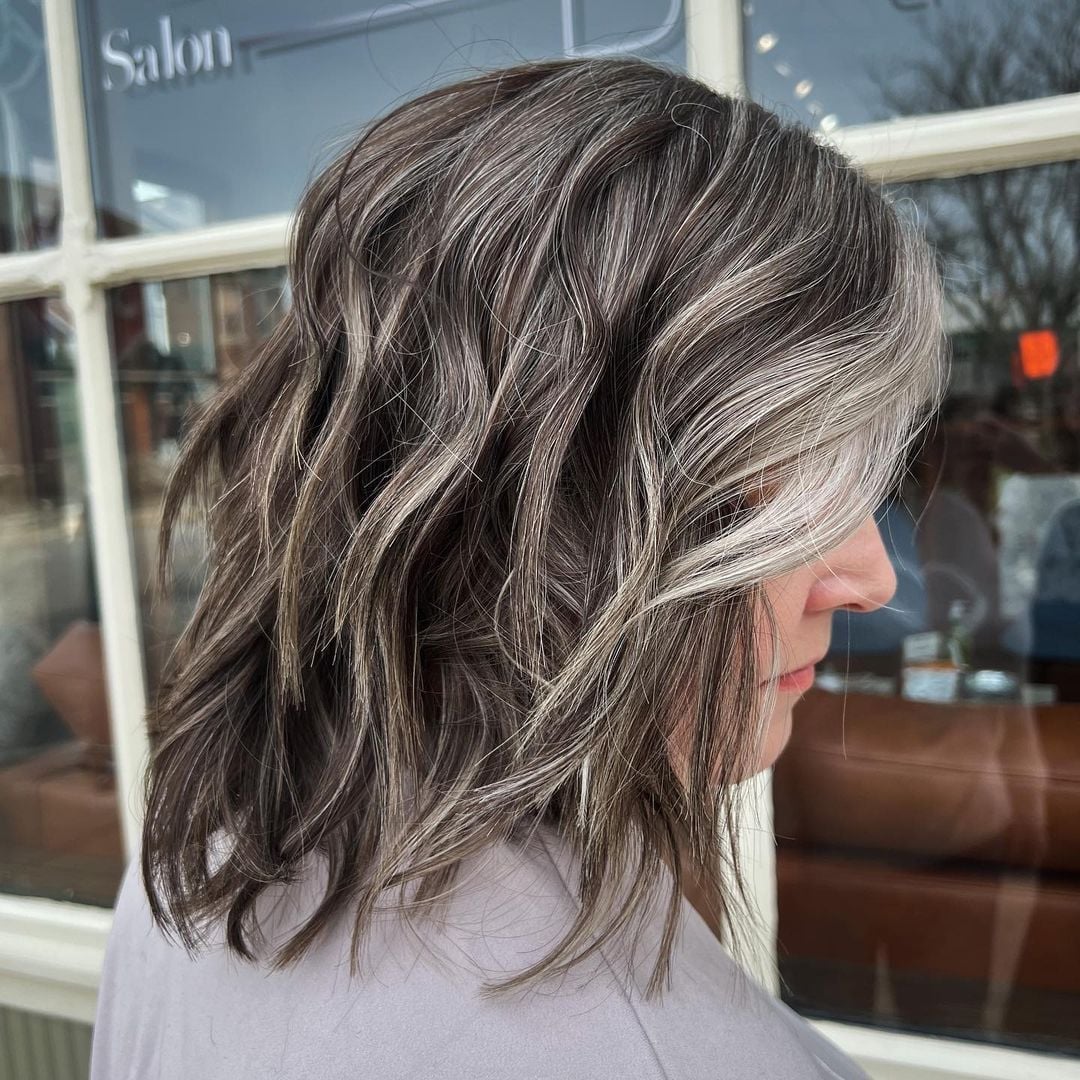 Collarbone Dark Brown With Grey and Silver Highlights Collarbone Dark Brown With Grey and Silver Highlights — Classy Grey Blending Highlights