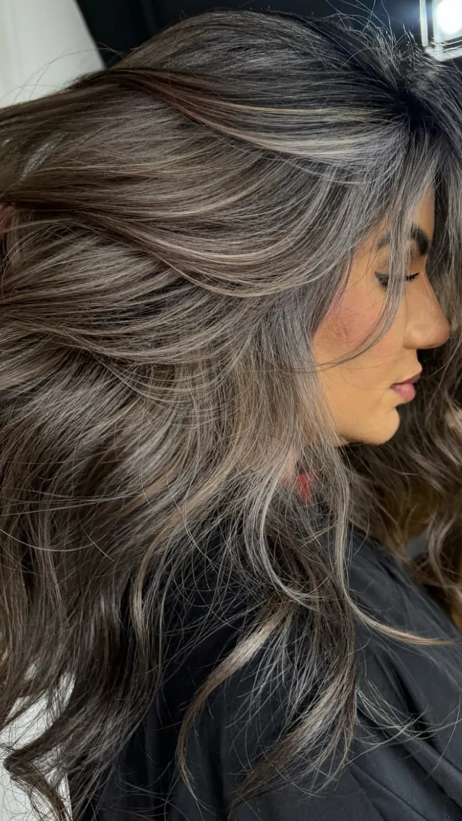 Mid-Back Dark Brown With Grey and Ash Blonde Highlights Mid-Back Dark Brown With Grey and Ash Blonde Highlights — Classy Grey Blending Highlights