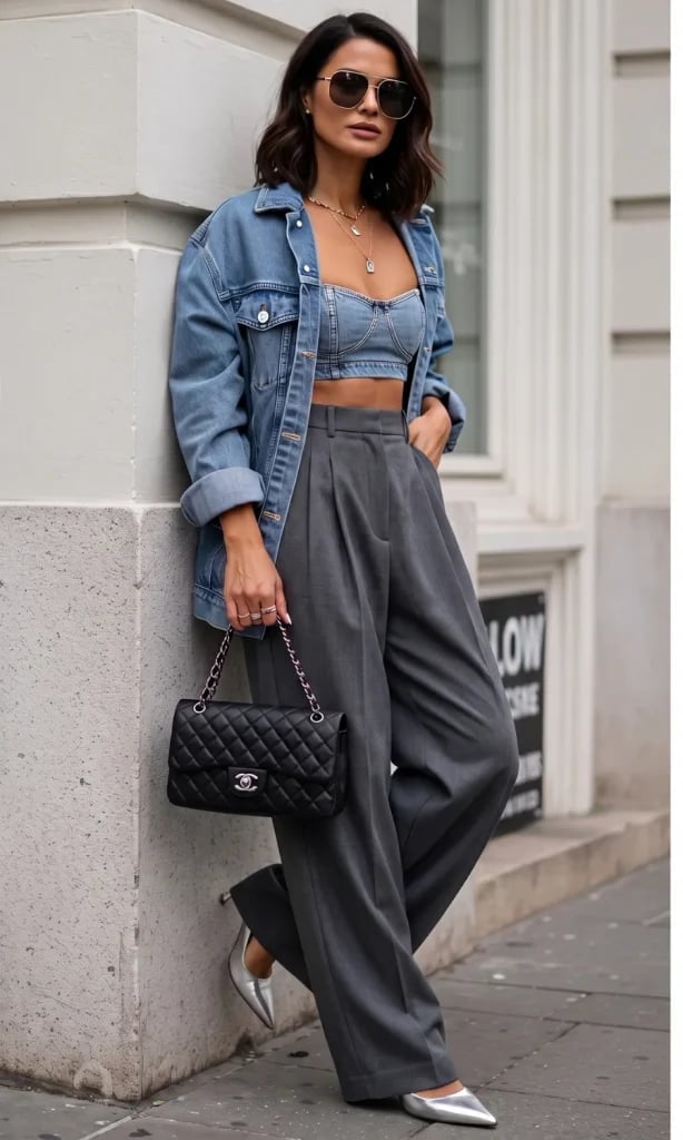 Oversized Grey Wool Trousers with Denim — Classy Grey Pants Outfits