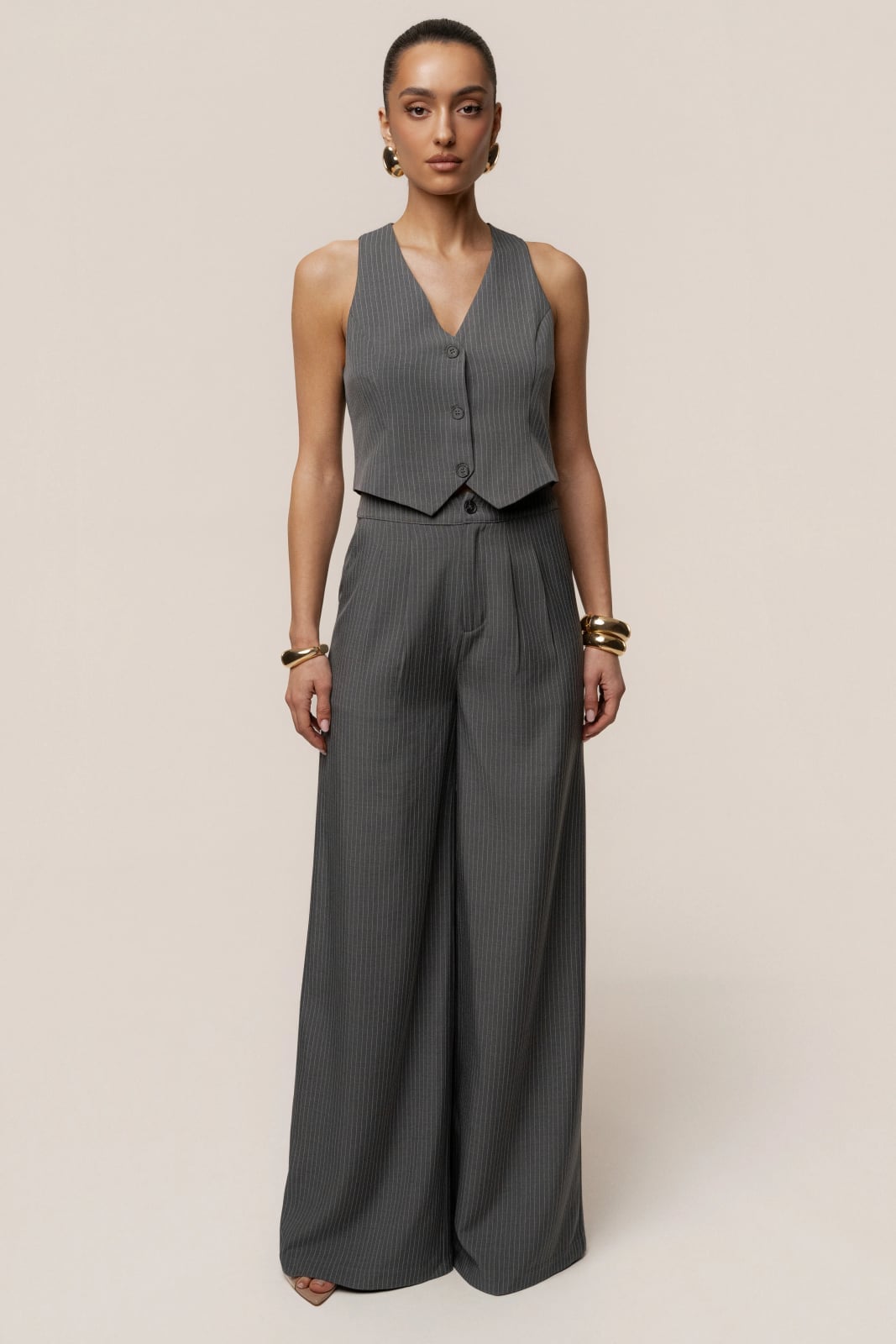 Grey Pinstripe Vest and Matching Wide-Leg Trousers — Classy Grey Pants Outfits