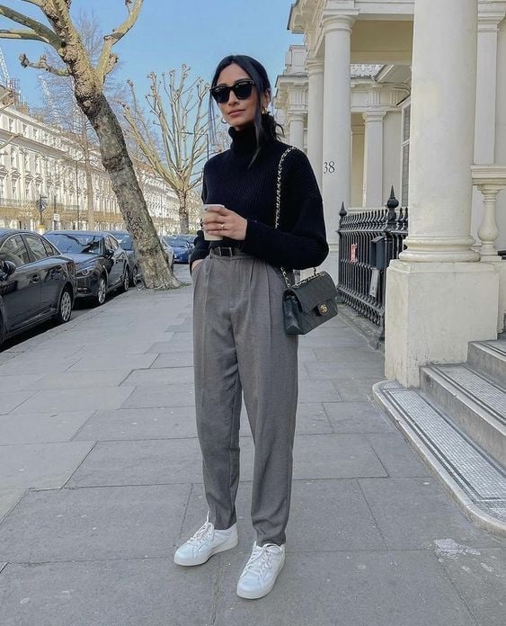 Grey Pleated Trousers with Black Turtleneck and Sneakers — Classy Grey Pants Outfits