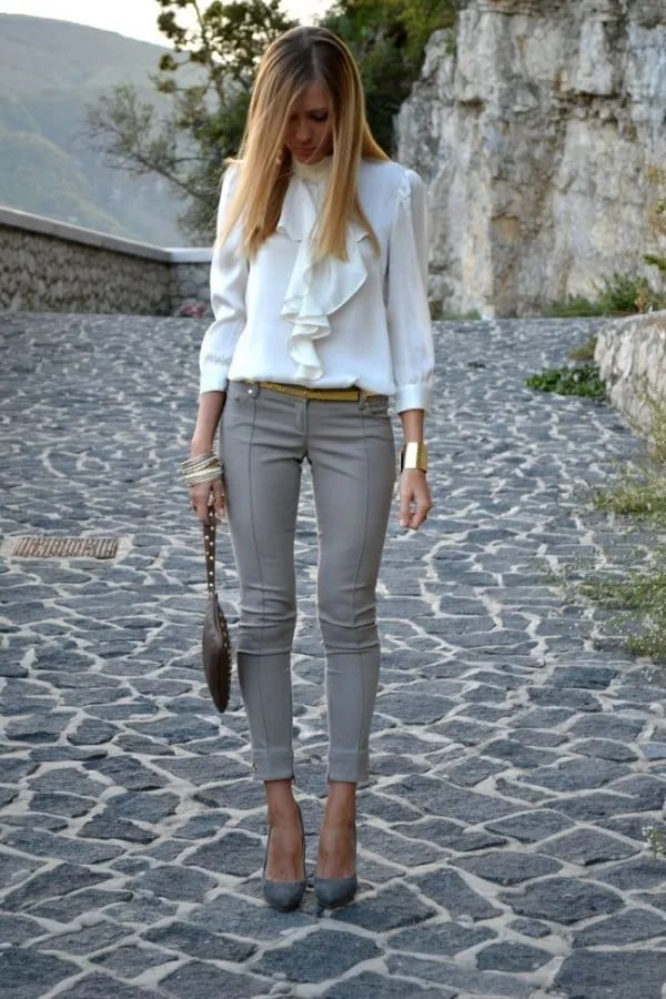 Grey Skinny Pants with Ruffled Blouse — Classy Grey Pants Outfits