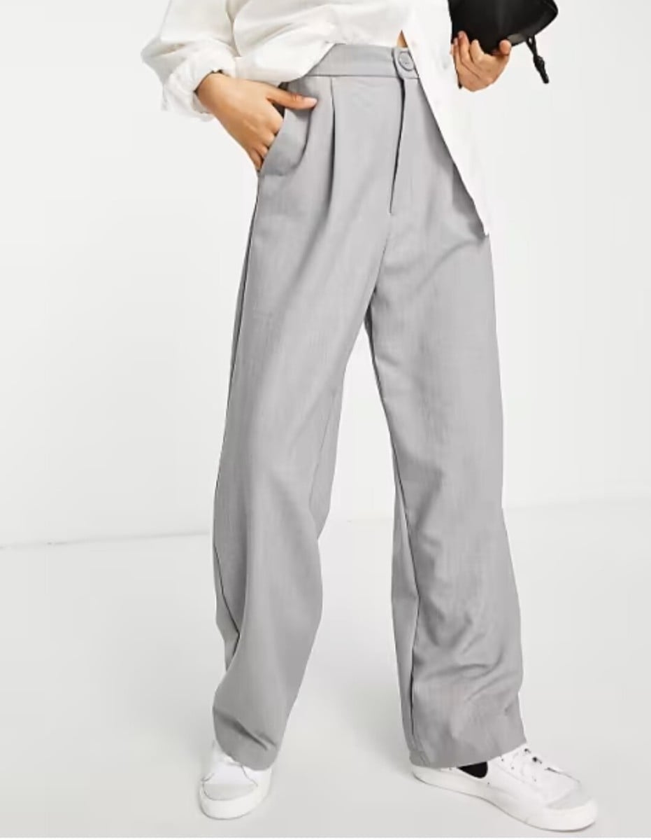 Oversized Grey Wide-Leg Trousers with White Shirt and Black Clutch Bag — Classy Grey Pants Outfits