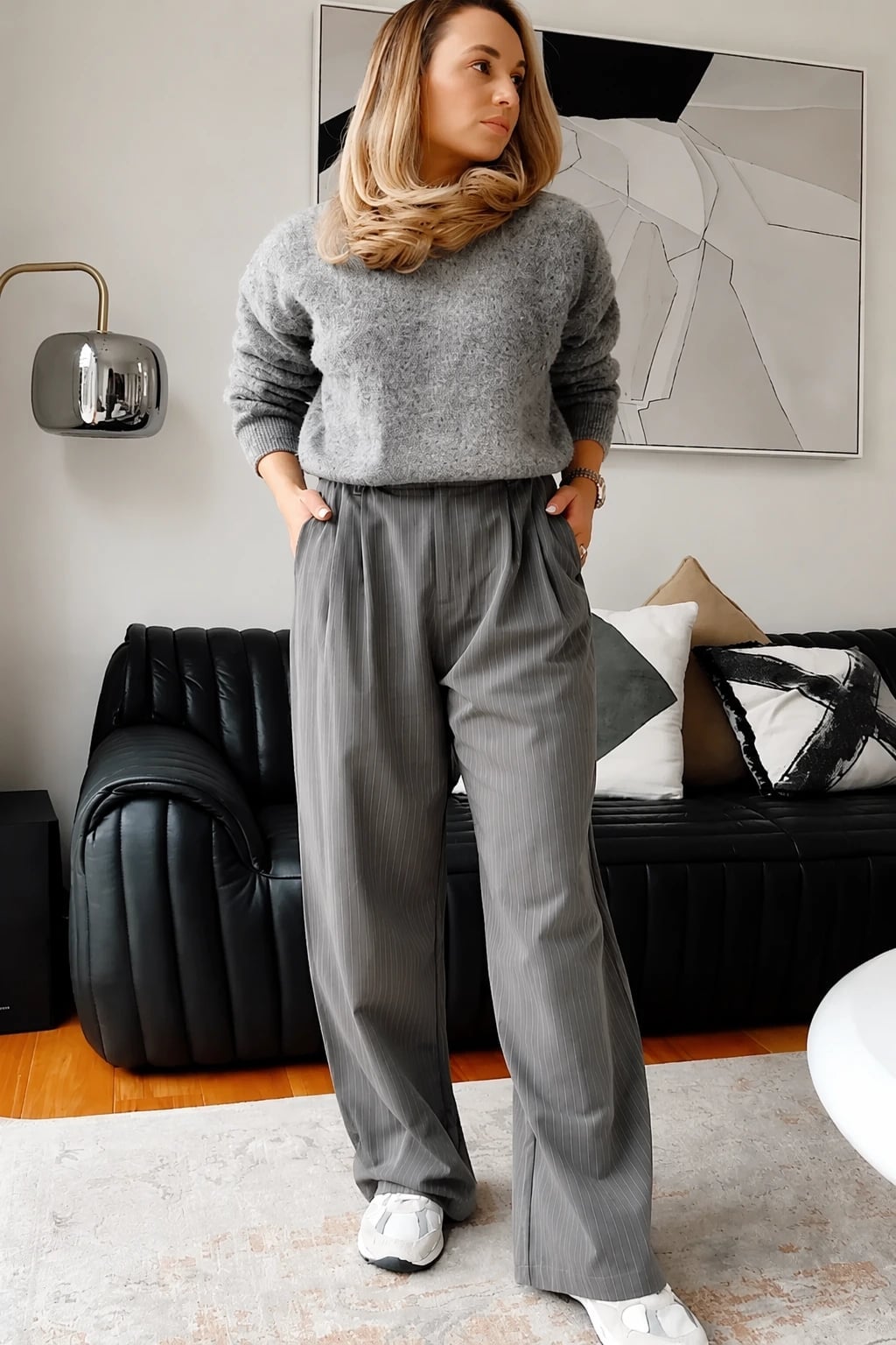 Monochromatic Grey Pinstripe Trousers and Sweater — Classy Grey Pants Outfits