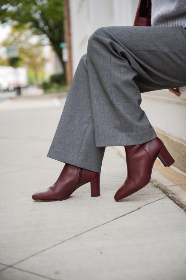 Grey Wide Leg Trousers with Grey Knit Sweater and Maroon, Subtle Twist — Classy Grey Pants Outfits