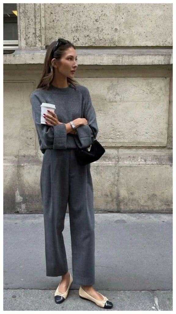 Monochromatic Grey Straight-Leg Trousers and Sweater — Classy Grey Pants Outfits