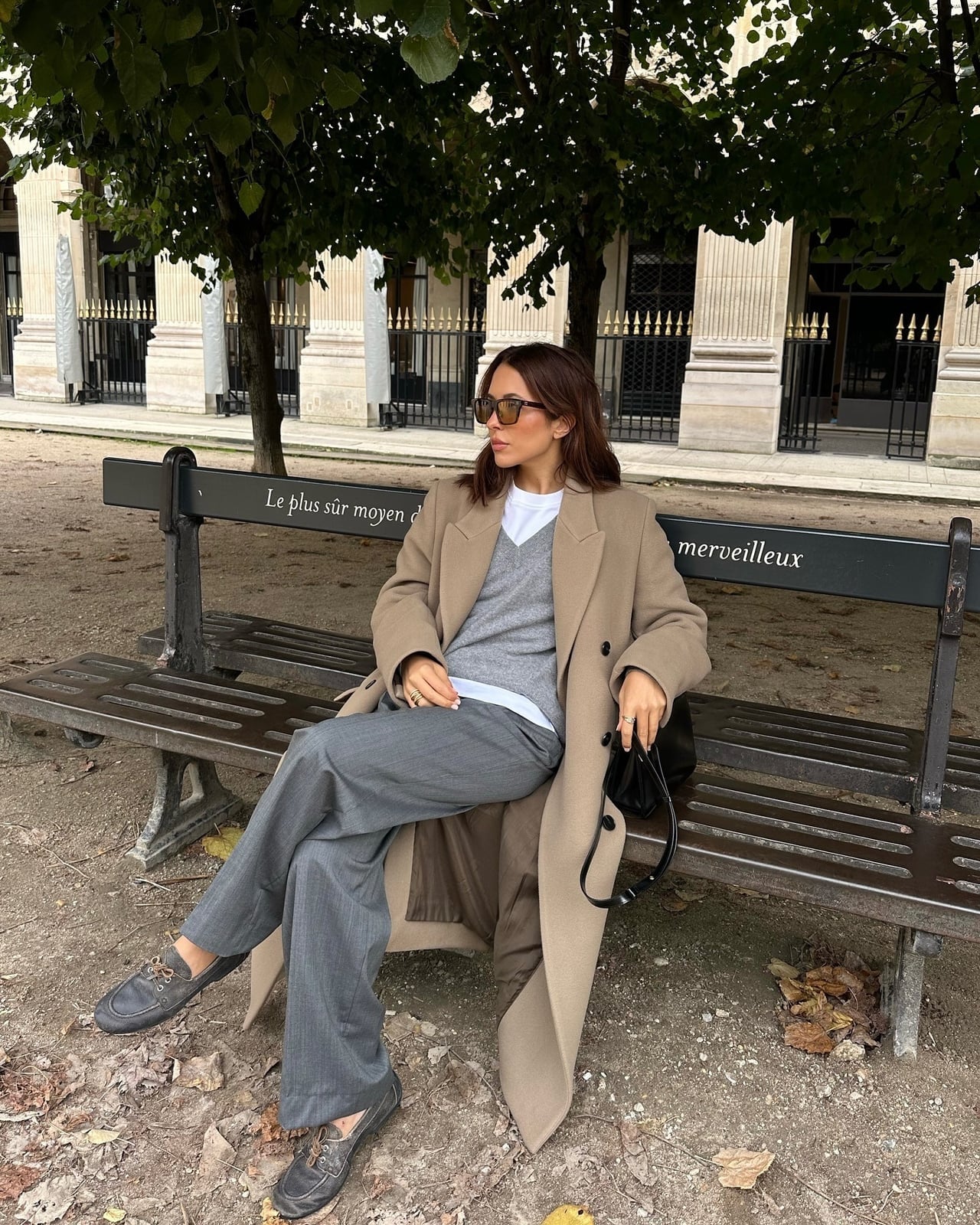 Wide-Leg Grey Trousers with T-Shirt and Camel Coat — Classy Grey Pants Outfits